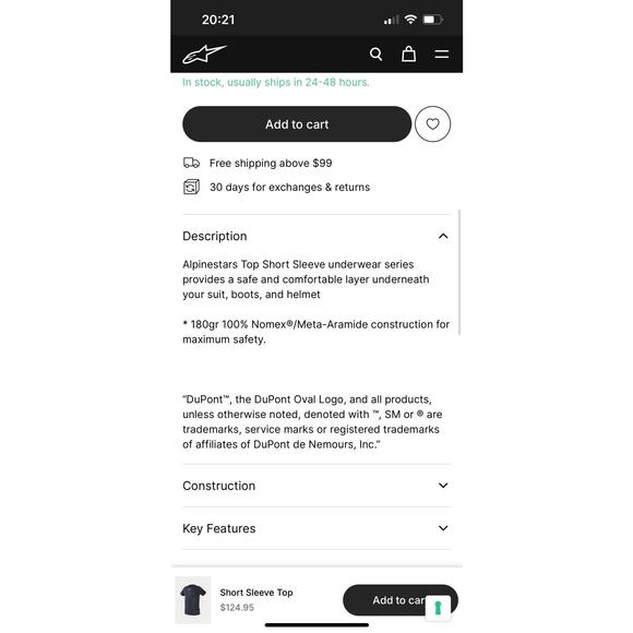 Alpinestars Under Layer Short Sleeve Shirt Sz Medium Navy Blue 180gr 100% Nomex - Picture 8 of 8